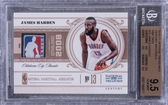 2010-11 Panini National Treasures Century Materials NBA Tags #70 James Harden Logoman Patch Card (#1/1) - BGS GEM MINT 9.5